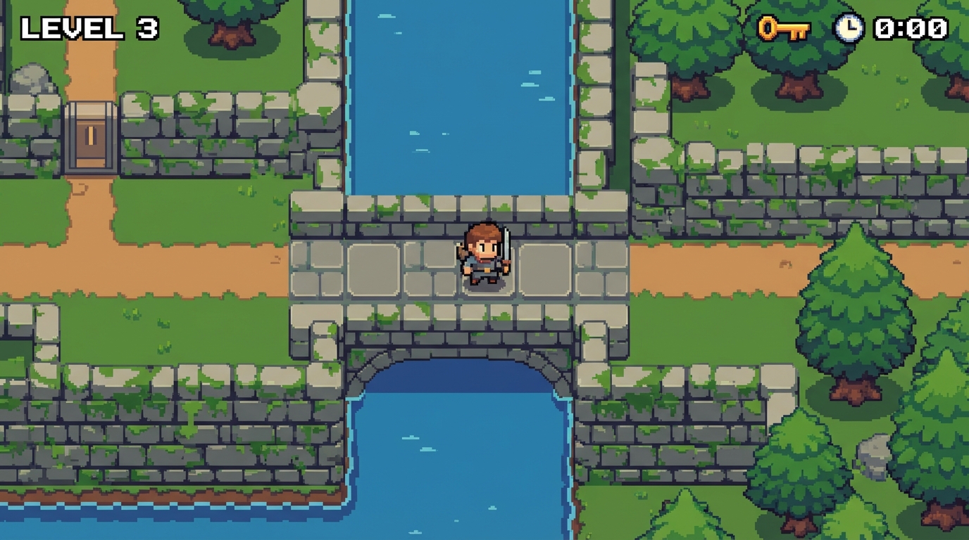 High quality screenshot simulation of a tile-based maze game 'MindMaze'. Shows a character, stone walls, a bridge over water, and UI showing 'Level 3'. Pixel art style.