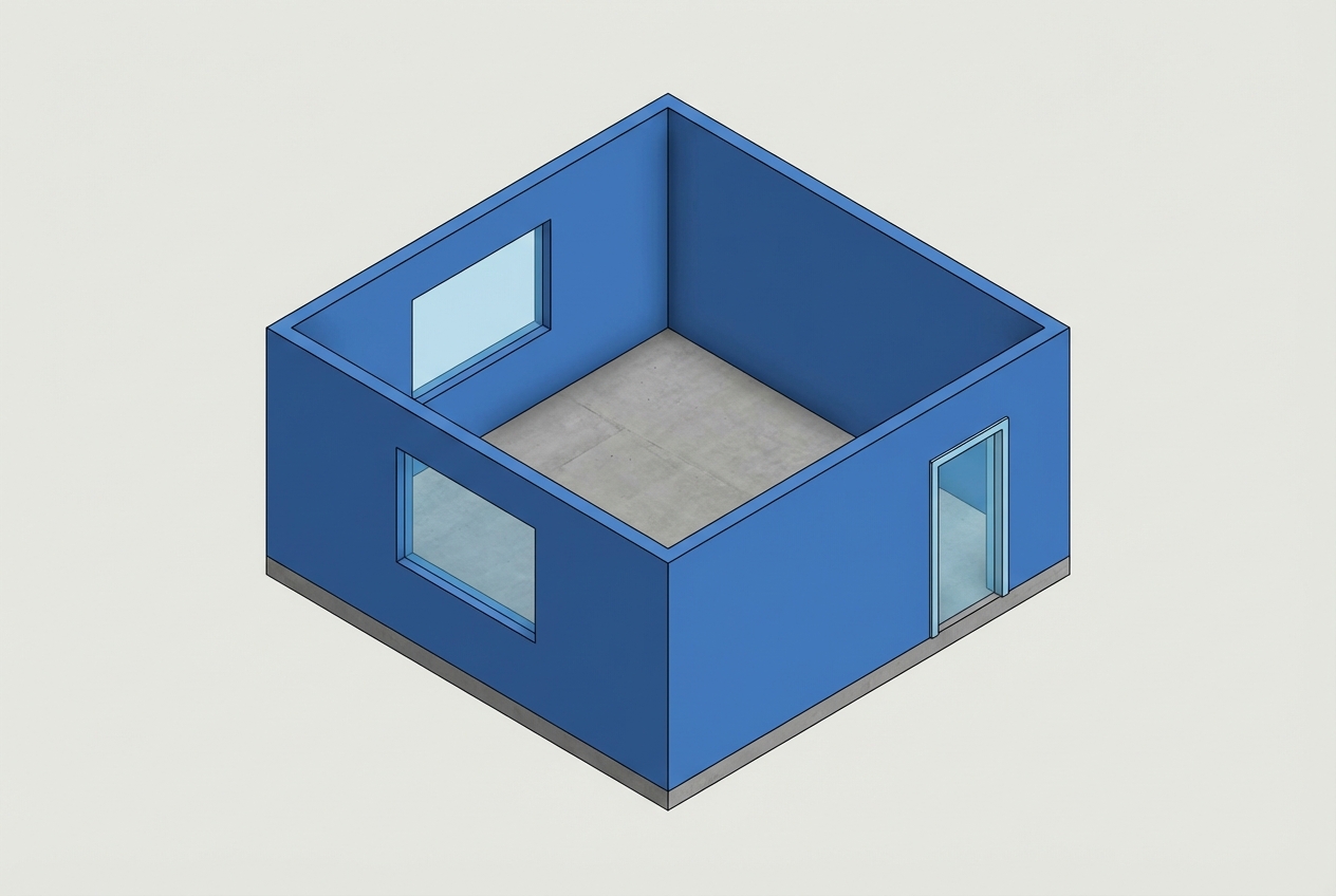 3D BIM model visualization of a simple room with walls windows and doors rendered in IFC viewer style with element colors blue walls gray floors light blue windows, clean architectural visualization