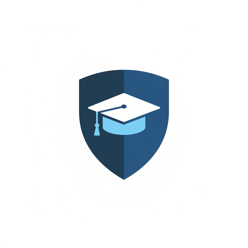 A dark blue shield with an academic graduation cap icon inside, white background, minimalist logo style