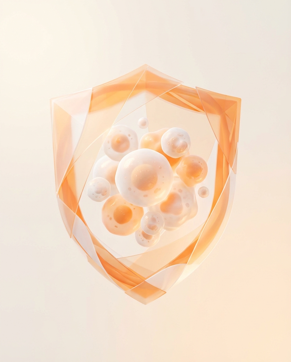 abstract minimalist 3d illustration of a shield protecting cells, soft lighting, scientific visualization, white and orange palette