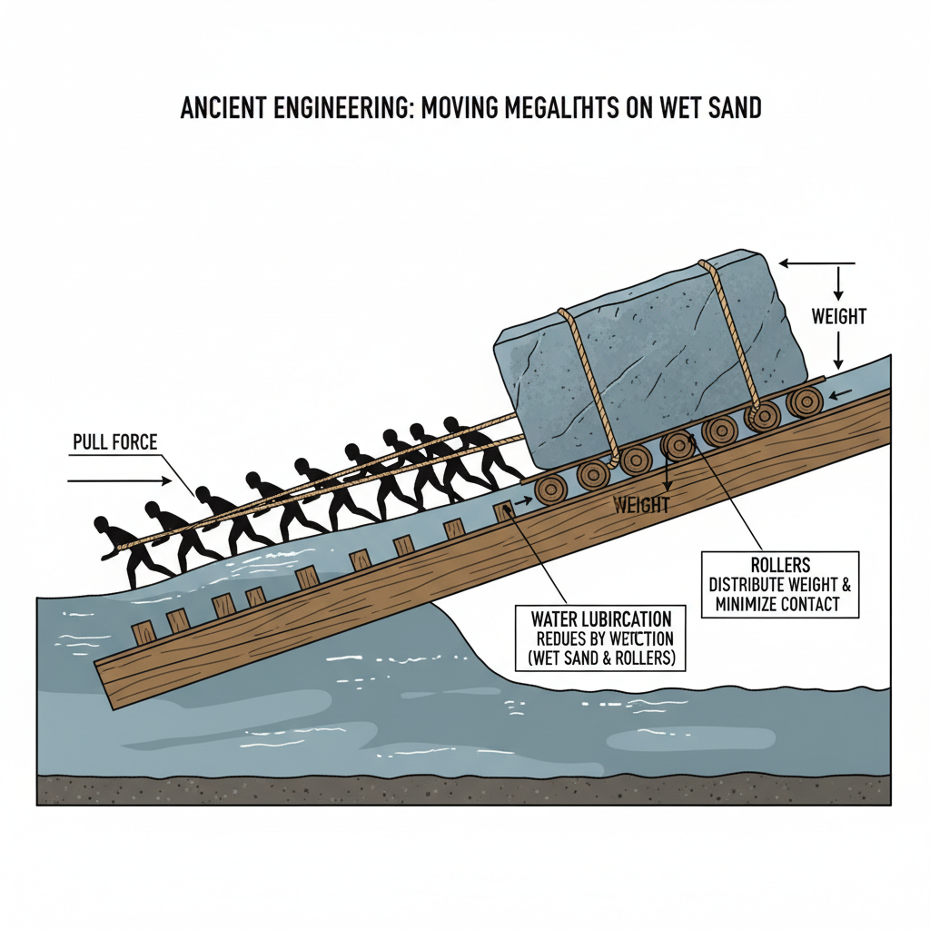 diagram showing the mechanics of moving heavy stone blocks on wet sand with ramps, educational engineering vector