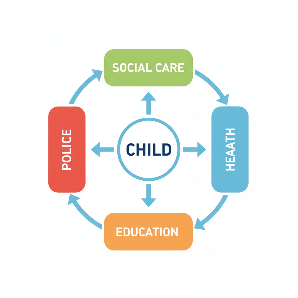 diagram showing education integrated into a family help wheel, central circle 'Child', surrounded by 'Social Care', 'Health', 'Education', 'Police' connected by lines