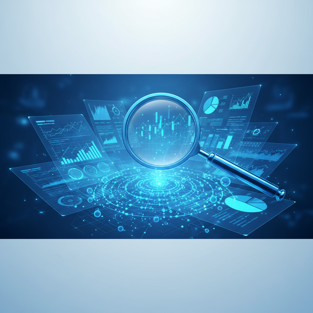 abstract concept of business analysis, magnifying glass over documents and charts, data collection, professional style, blue tones