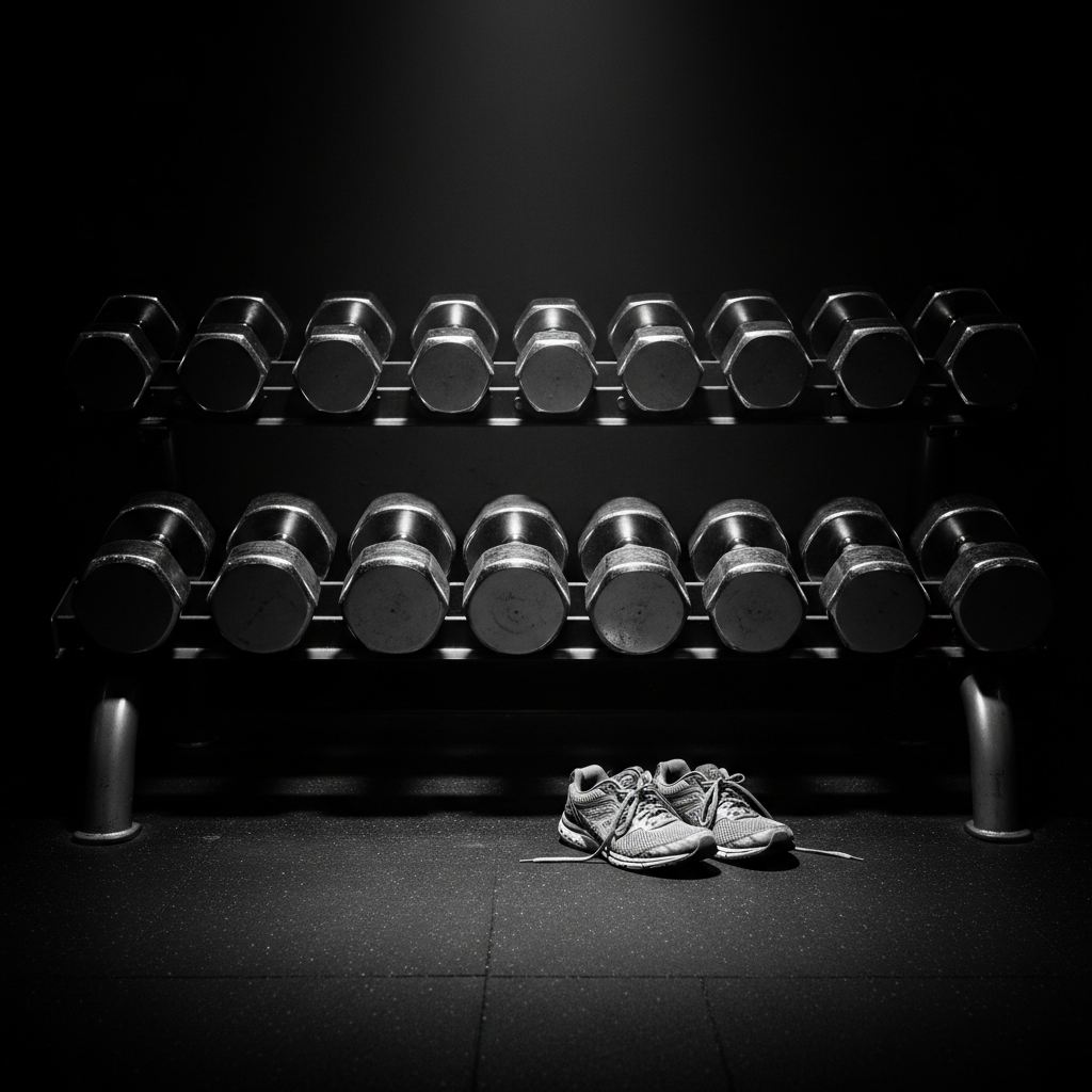 close up of gym dumbbell rack and running shoes on floor, dark cinematic lighting, high contrast, black and white photography
