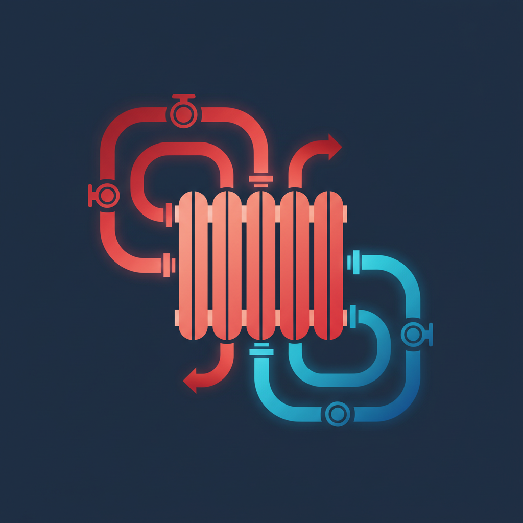 diagram style vector illustration of heating pipes and radiator with hot water flow, red and blue colors on dark blue background, flat minimalist style
