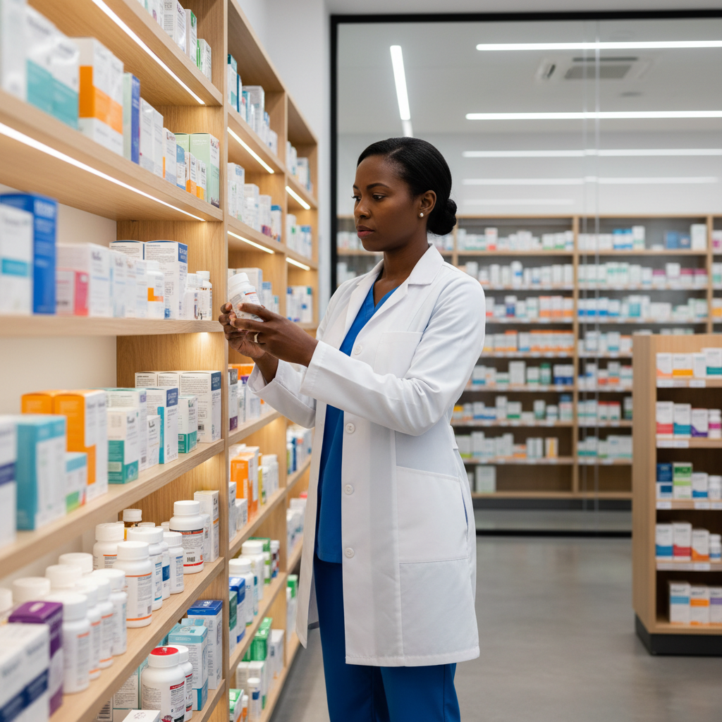 A professional Black pharmacist organizing medication on well-stocked shelves in a clean, modern pharmacy, wearing a white coat, focused expression, depth of field
