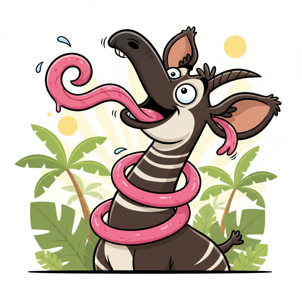 Cartoon Okapi licking its own ear with a super long tongue, funny style