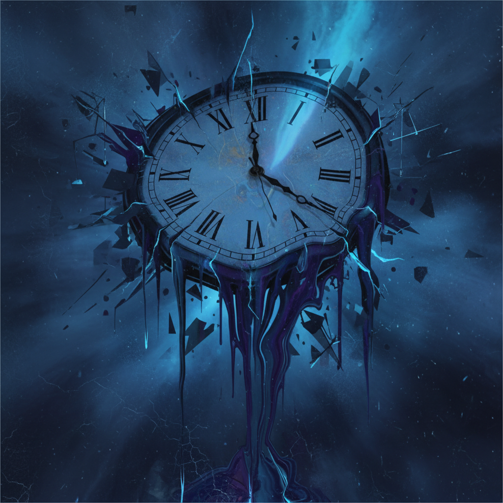abstract clock face melting or time passing quickly, dark moody blue colors, concept of stress and delay