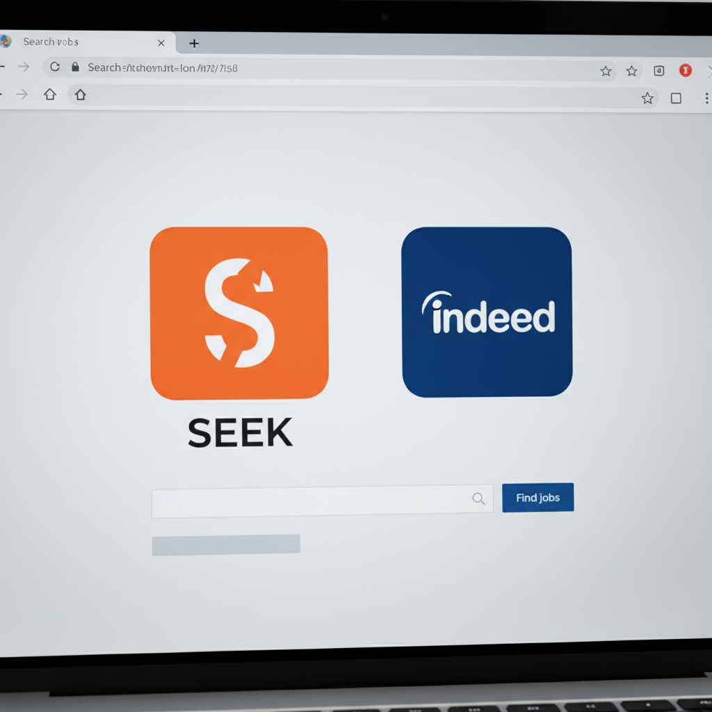 Laptop screen showing job search website icons Seek and Indeed