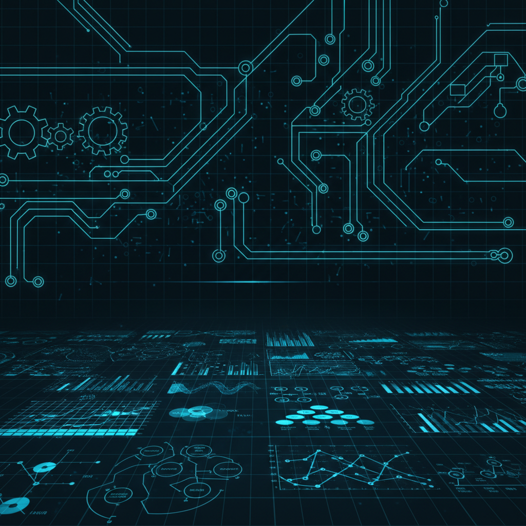 Abstract futuristic industrial blueprint, glowing blue and teal lines, data analytics background, clean minimal, high quality