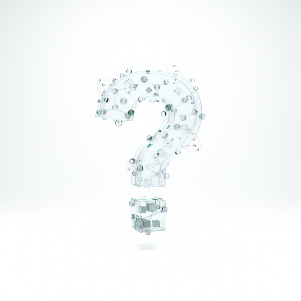 scientific research question mark symbol, minimalist 3d render, floating, white background