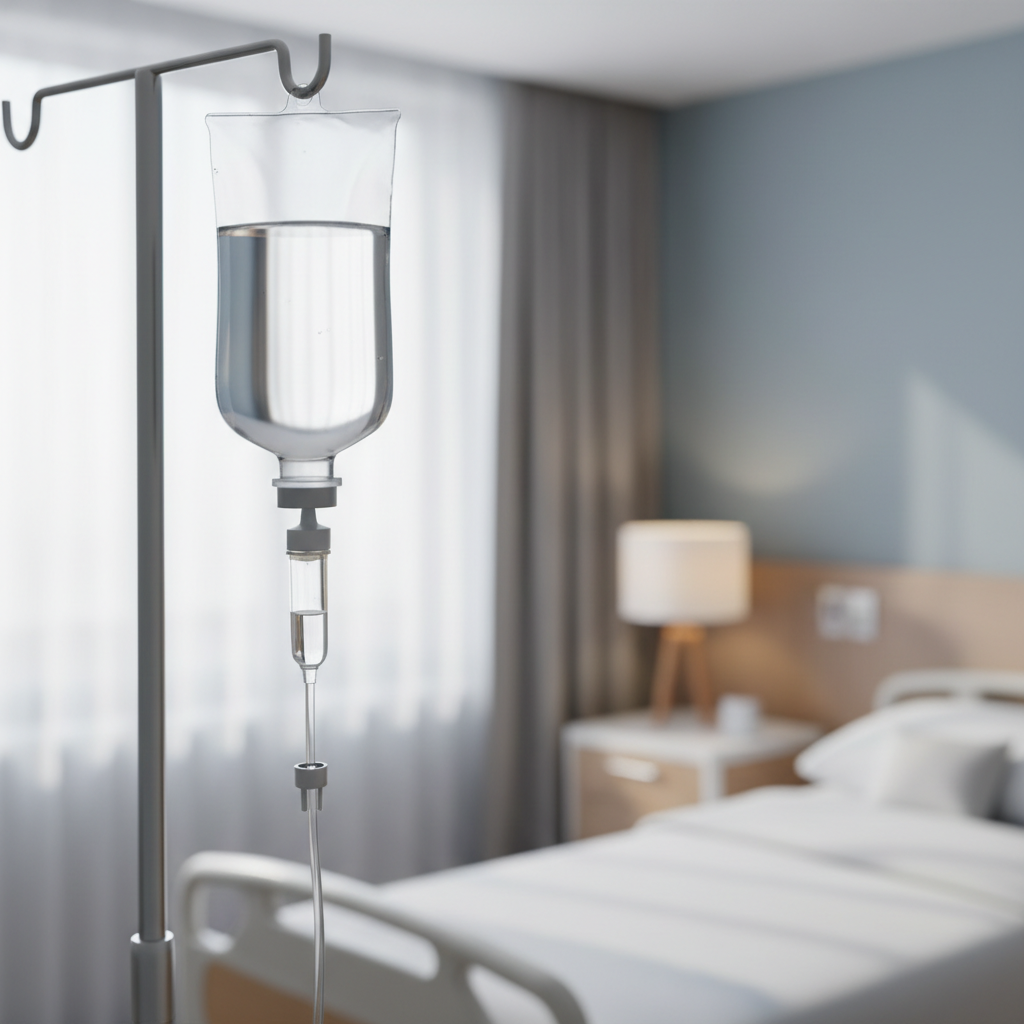 IV fluid bag on a drip stand in a hospital room, close up, soft focus background