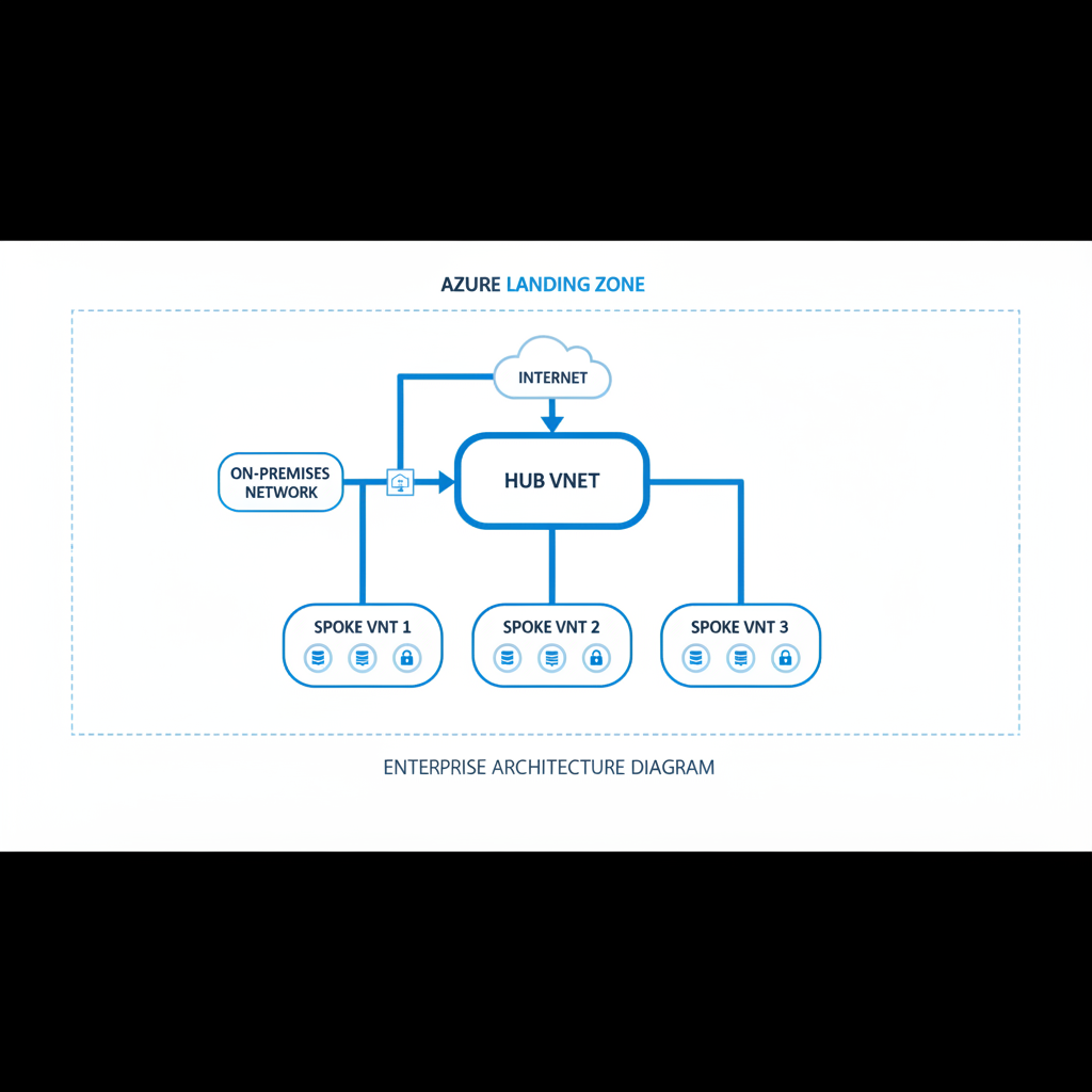 diagram of Azure Landing Zone hub and spoke topology, central hub connected to multiple spokes, enterprise architecture, clean lines, white background, blue accents
