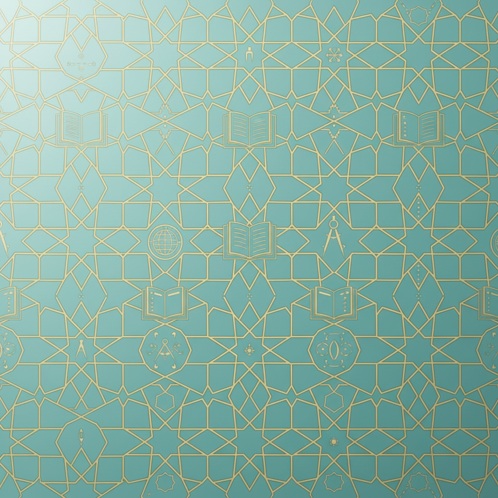 Islamic geometric art pattern background with educational theme, soft lighting, turquoise and gold colors, minimalistic abstract