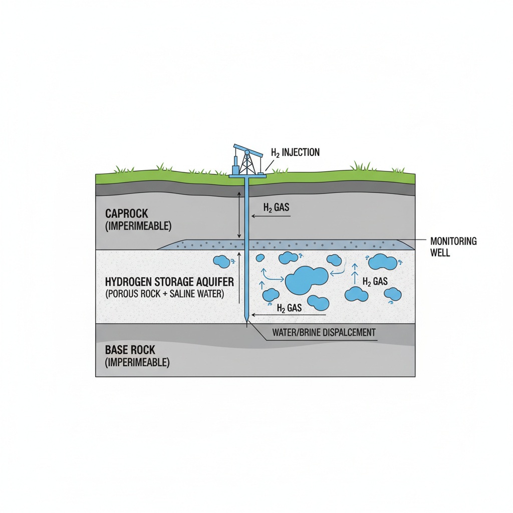 Schematic diagram of underground hydrogen storage in porous rock aquifers, showing gas bubbles and rock layers, technical scientific drawing style, white background