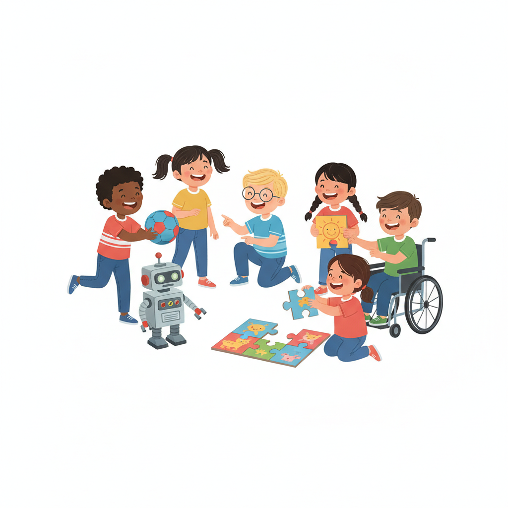Illustration of happy diverse kids sharing 3 different toys: a ball, a robot, and a puzzle. White background.