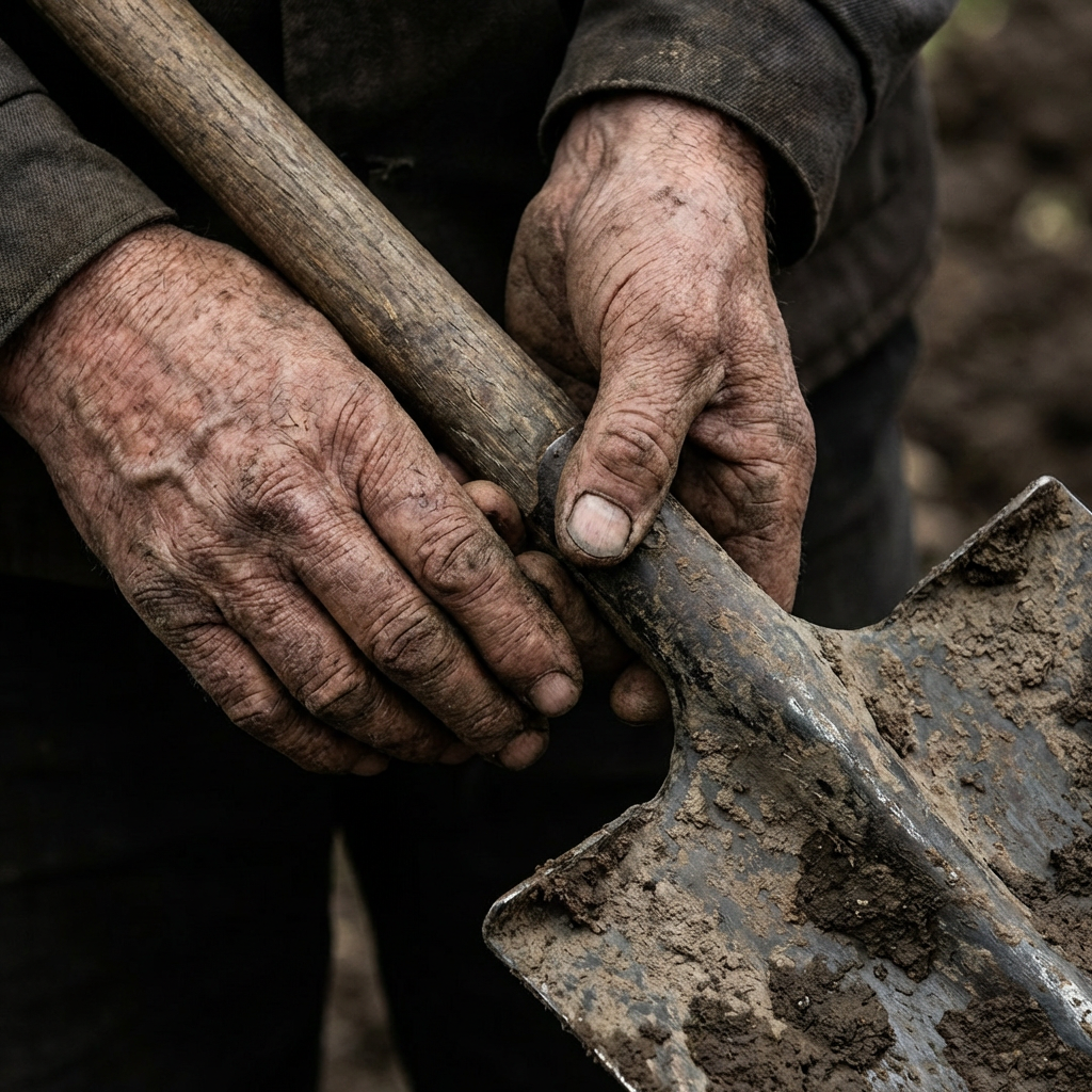 Close up of rough, dirty elderly hands holding a shovel, dark colors, realistic style, symbolic of hard labor and earth