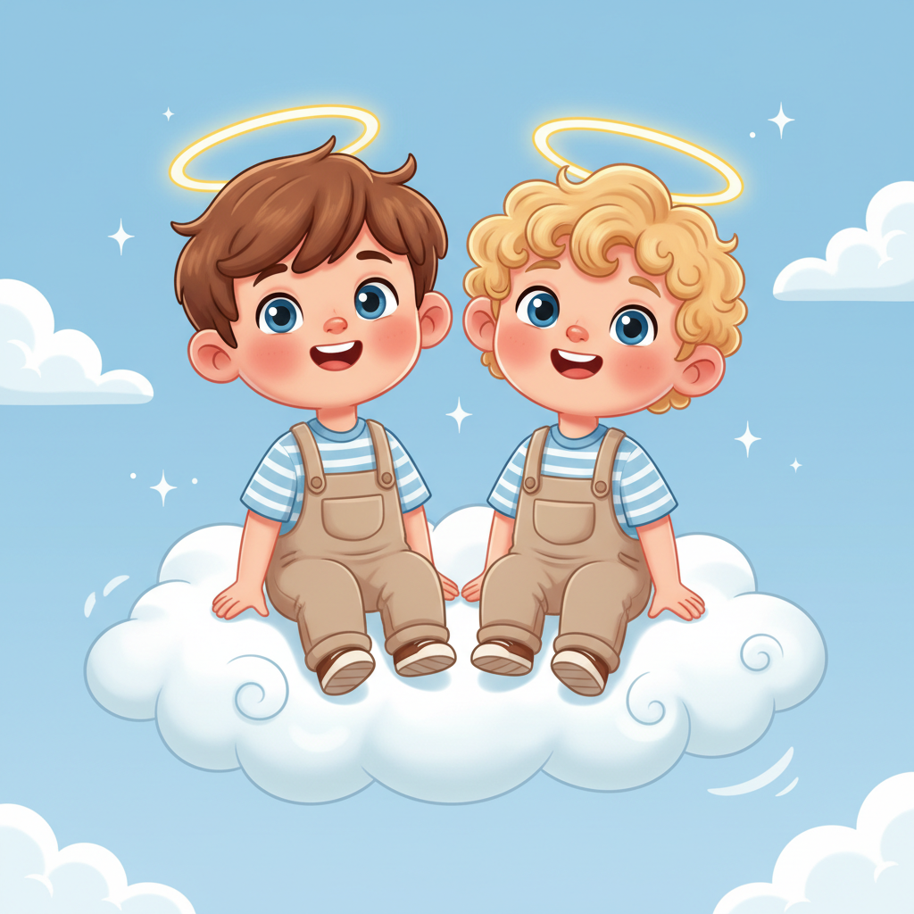 Two boys with halos over their heads smiling innocently, cartoon style