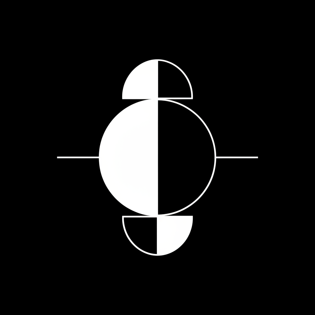 minimalist white line art showing duality, half circle solid half circle outline, abstract balance, white on black