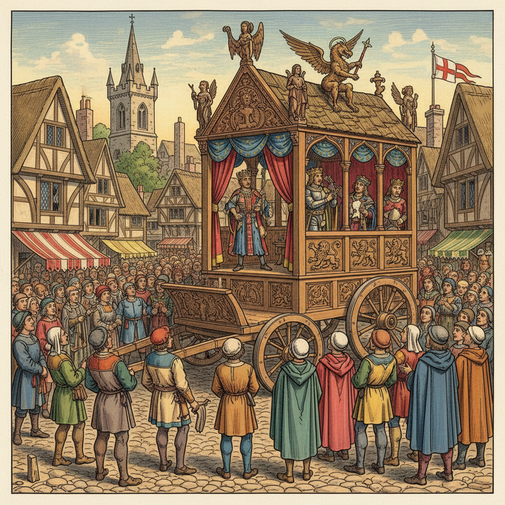 Medieval pageant wagon in a town square, wooden stage on wheels, crowd watching a play, historical illustration