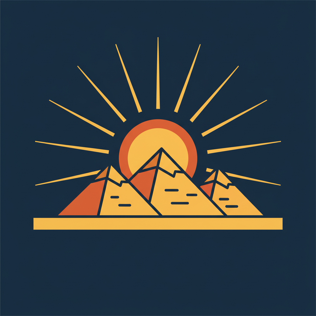 minimalist vector art of Egyptian pyramids under a hot sun, yellow and orange tones on dark blue background, bold contours
