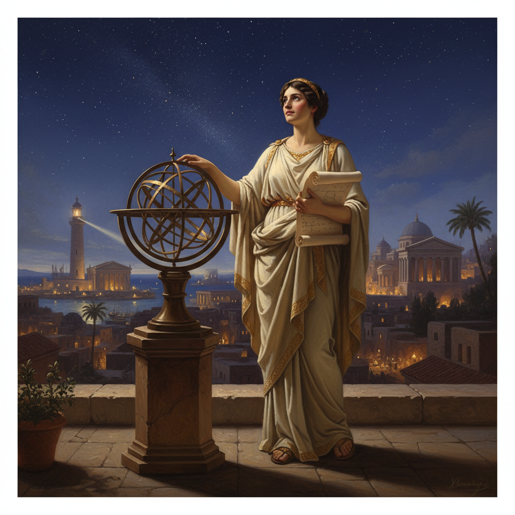 solitary greek woman philosopher studying astronomy at night, contemplative, serene, ancient alexandria background