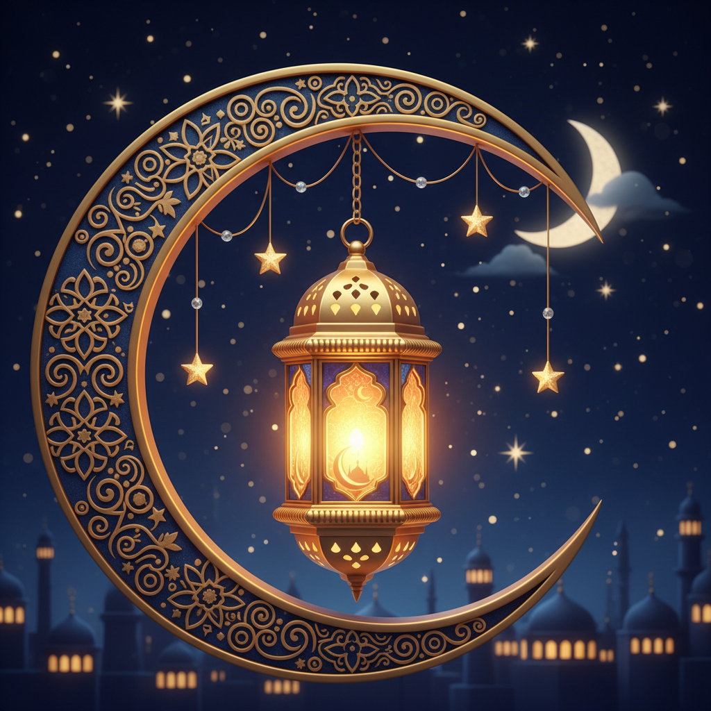 A magical, glowing traditional Ramadan lantern (Fanous) hanging from a decorative arch, starry night background, warm golden and deep blue colors, 3d pixar style for kids