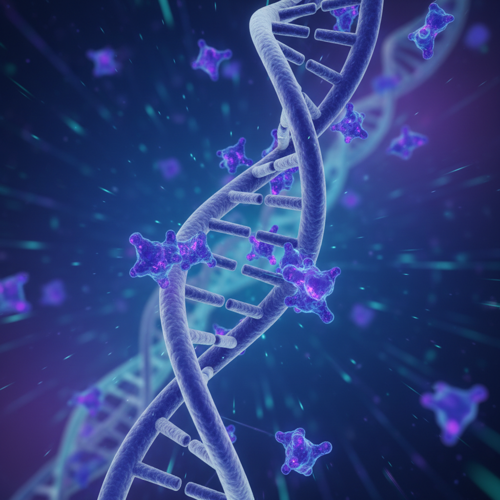 3d render of a DNA helix and drug molecules interacting, scientific visualization, purple and blue lighting