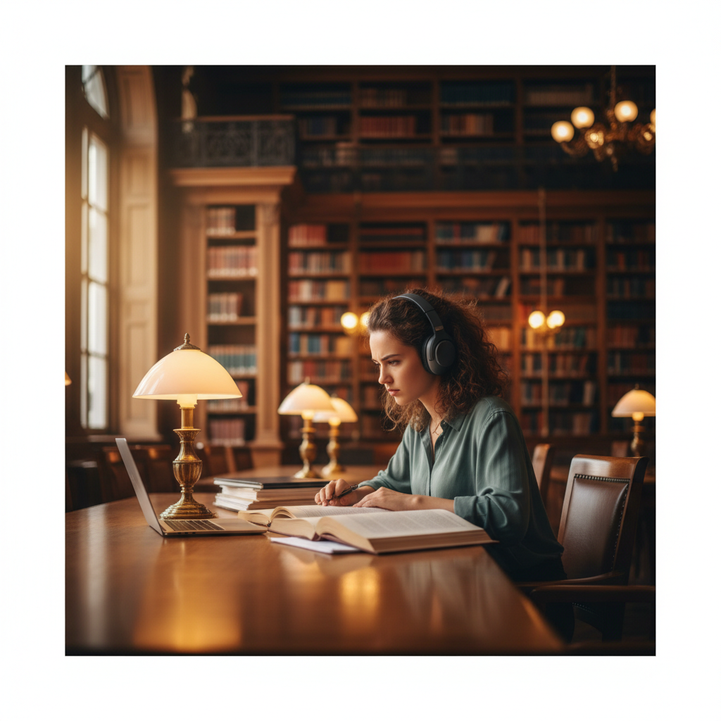 Cinematic shot of a university student studying intently with headphones on, warm lighting, library background, shallow depth of field