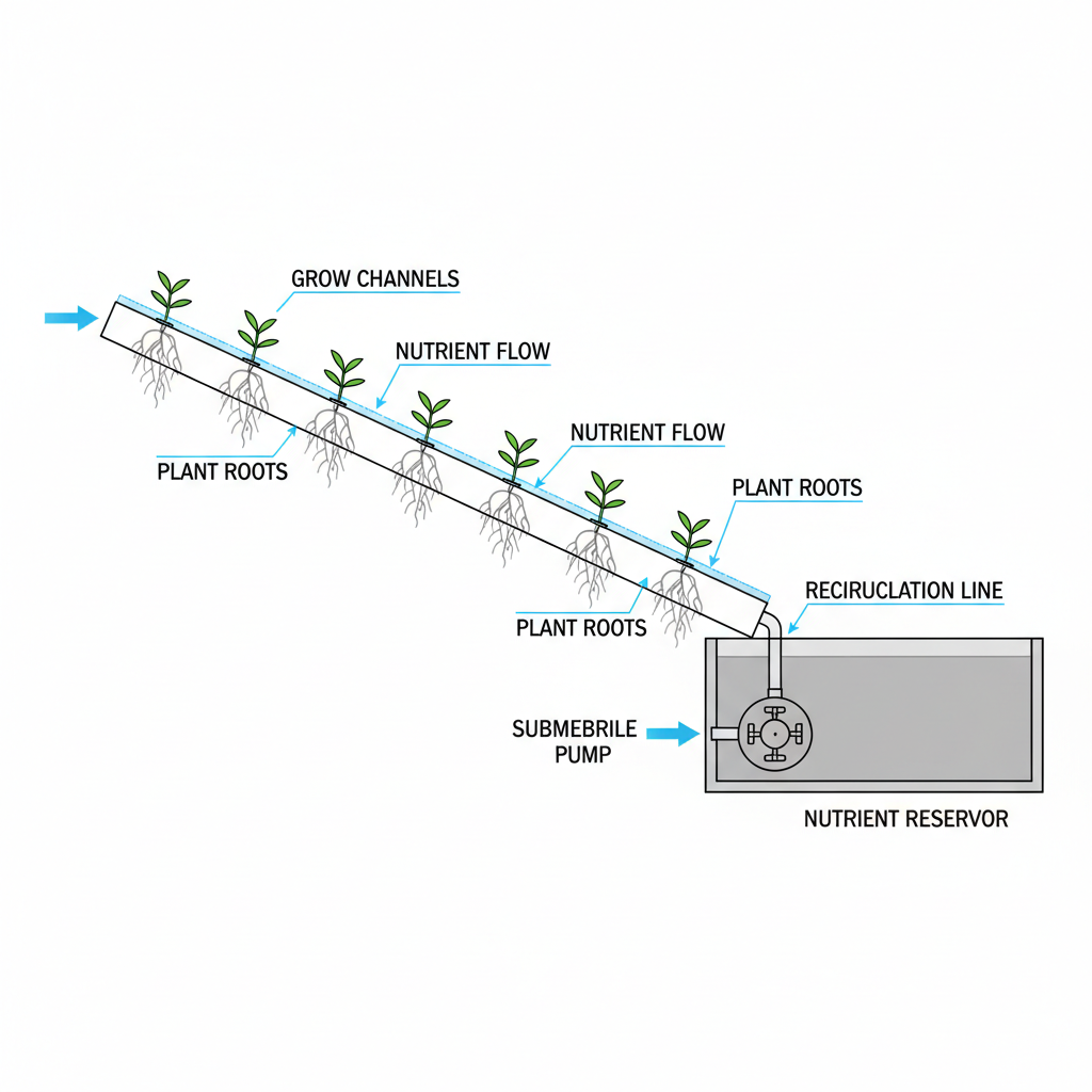 Technical schematic of Nutrient Film Technique (NFT) hydroponic system, side profile showing tilted channels, pump reservoir, flow direction, roots, engineering drawing style