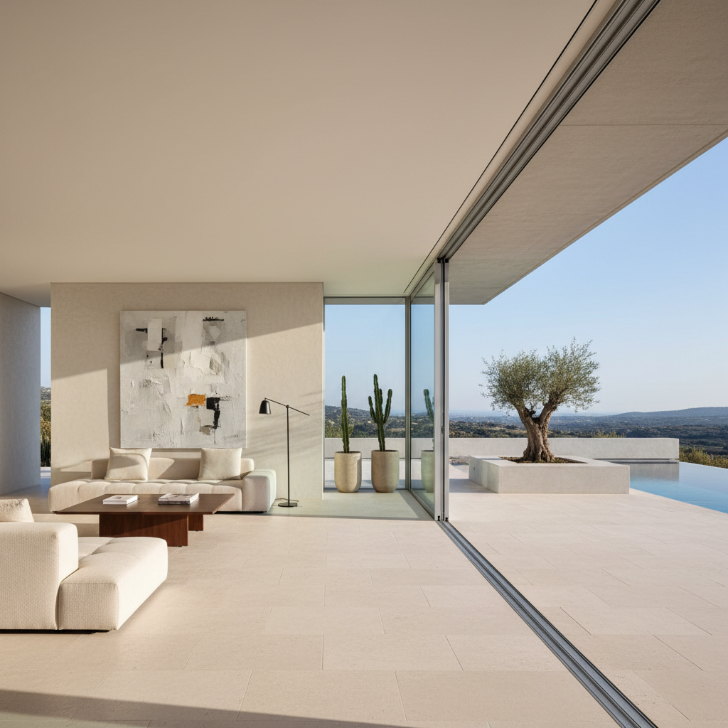 Modern minimalist living room opening to a terrace, large format stone flooring, seamless design, sunny, architectural magazine style