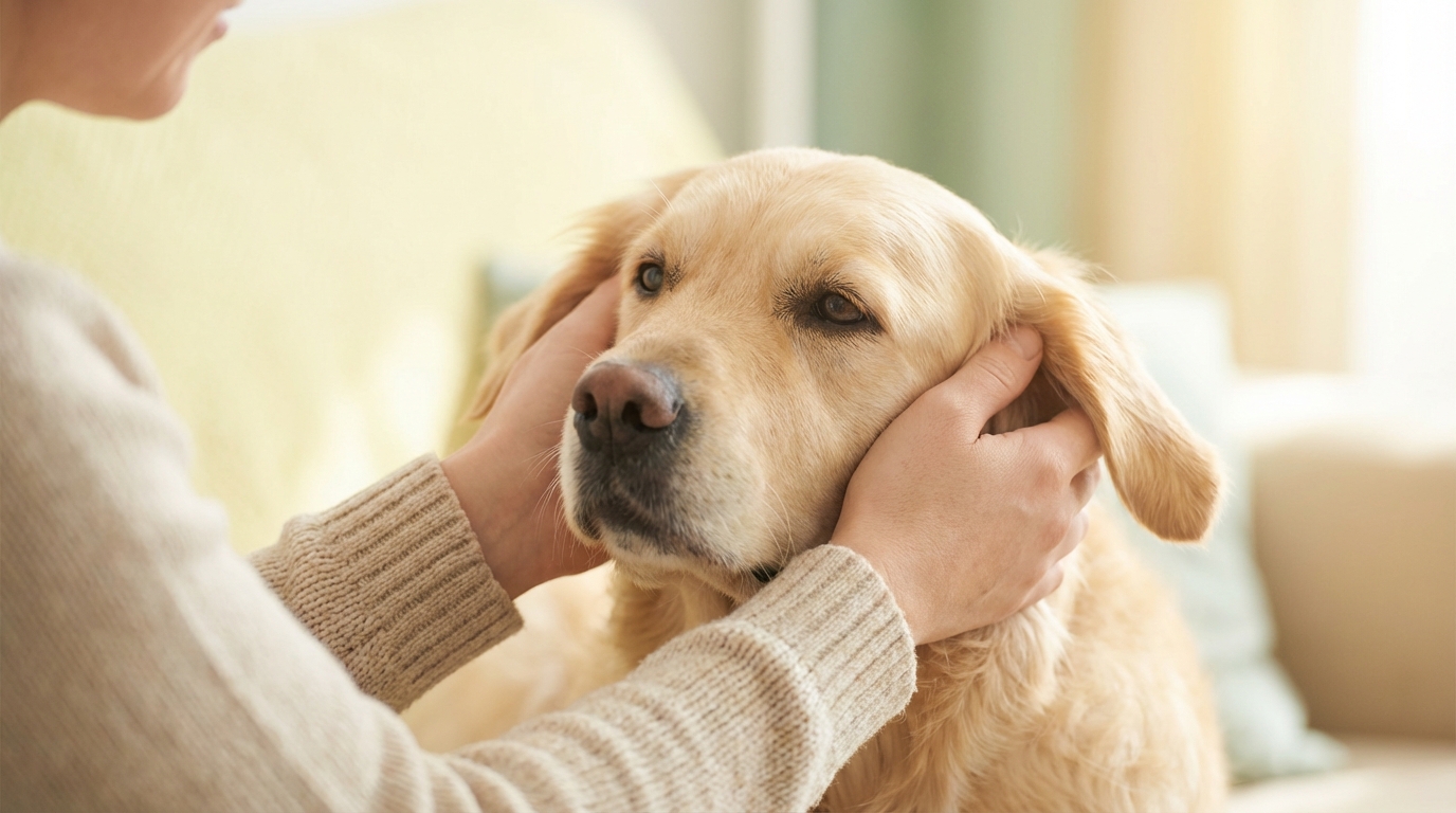 Person peacefully petting a dog