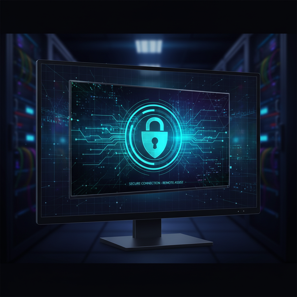 conceptual illustration of a support agent's monitor showing a mirrored screen of a remote television interface, cyber security lock icon overlay, dark tech style