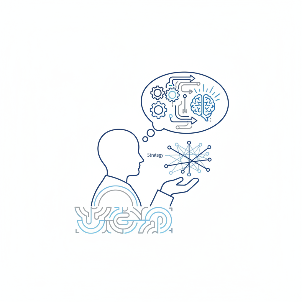 illustration of a teacher thinking, abstract concept of pedagogy and strategy, minimal line art style, blue and grey tones