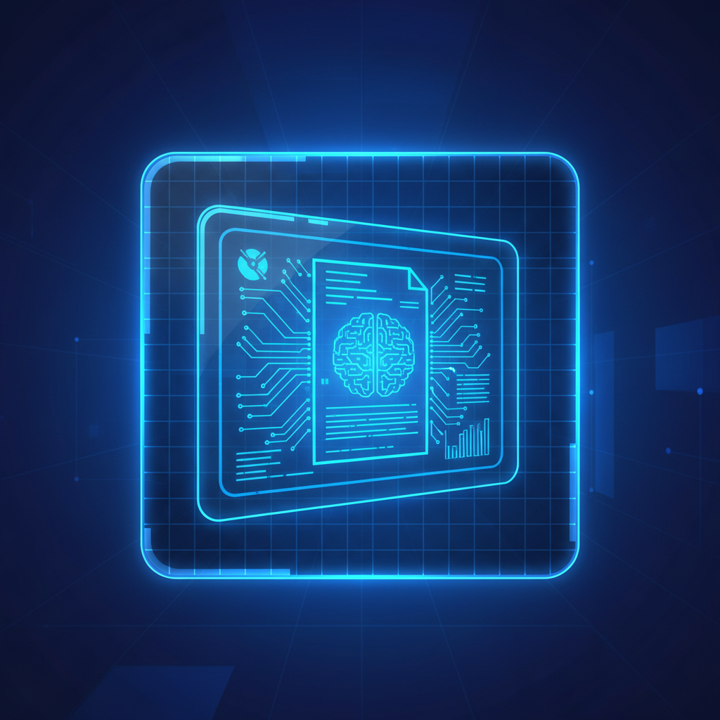 An icon of an academic research paper on a tablet, futuristic style, glowing blue lines