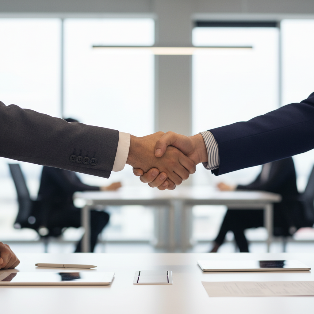 Business handshake close up, sleek corporate style, blurred office background