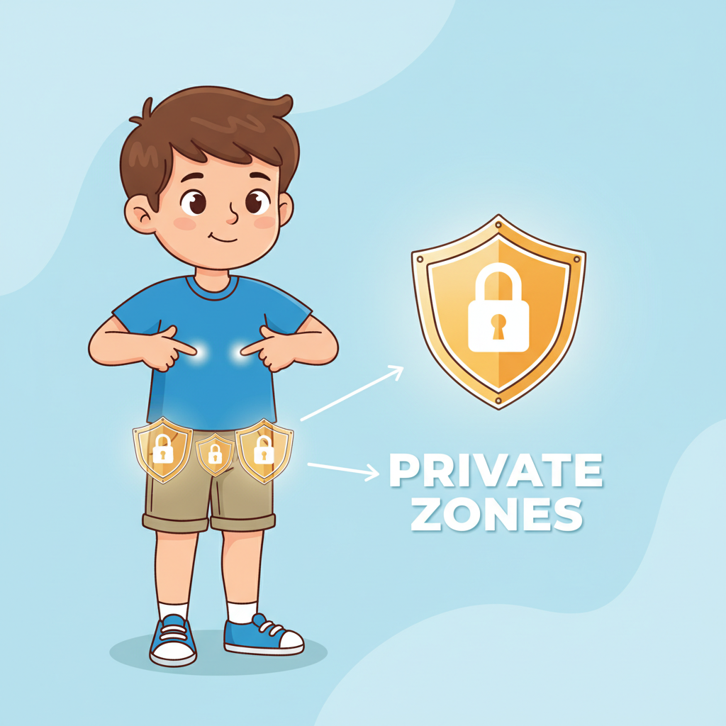 Cartoon illustration of a child pointing to their body, wearing normal clothes, educational, highlighting the concept of private zones with a shield or lock icon nearby, respectful