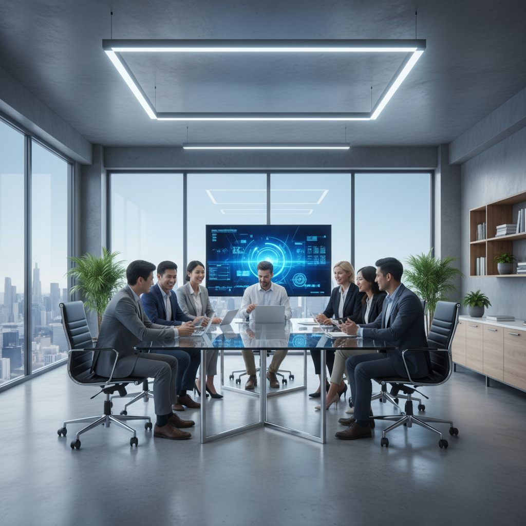 wide shot of a modern, bright office space with diverse team members collaborating around a glass table, cinematic lighting, photorealistic, 4k, hopeful atmosphere, blue and white color toning