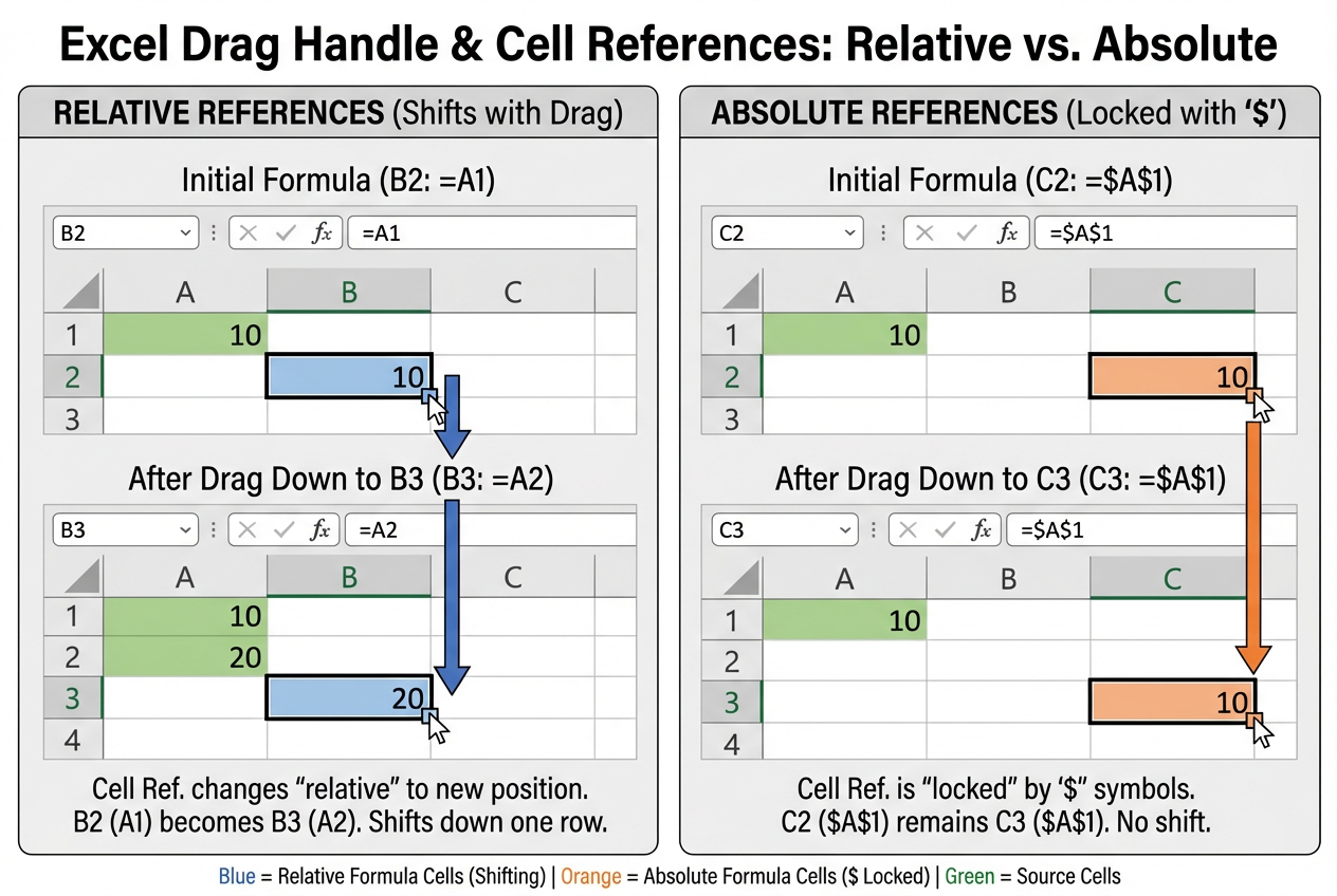 diagram showing excel drag handle action changing cell references relative vs absolute