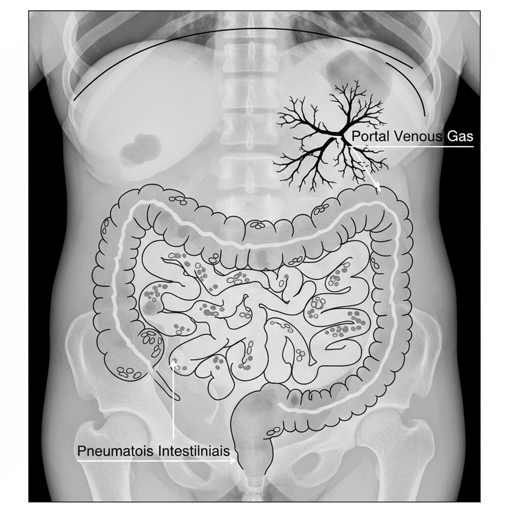 Labeled schematic drawing of a neonatal abdominal X-ray focusing on Pneumatosis Intestinalis and Portal Venous Gas, high contrast black and white diagram style
