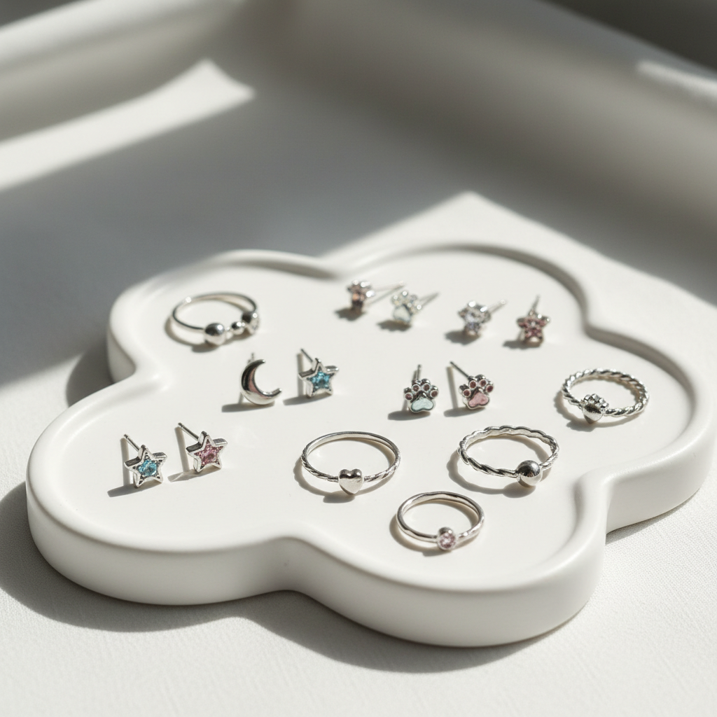 silver stud earrings and rings on a white display stand, cute style, soft lighting, close up photography