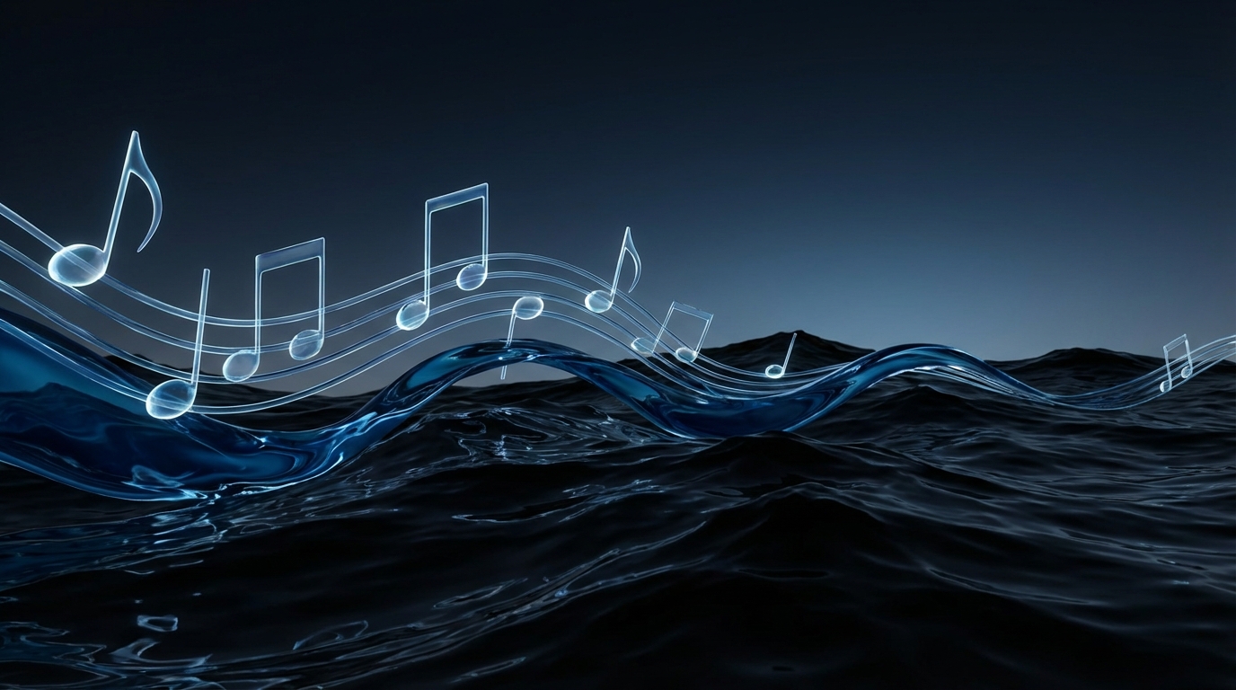 Abstract musical notes merging with water waves, cinematic lighting, dark blue and black