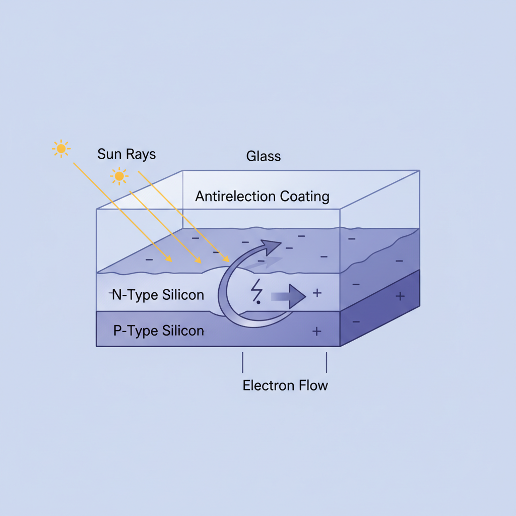 Cross section diagram of a photovoltaic solar cell showing layers: glass, antireflection, N-type silicon, P-type silicon, electron flow, sun rays hitting surface, technical illustration style