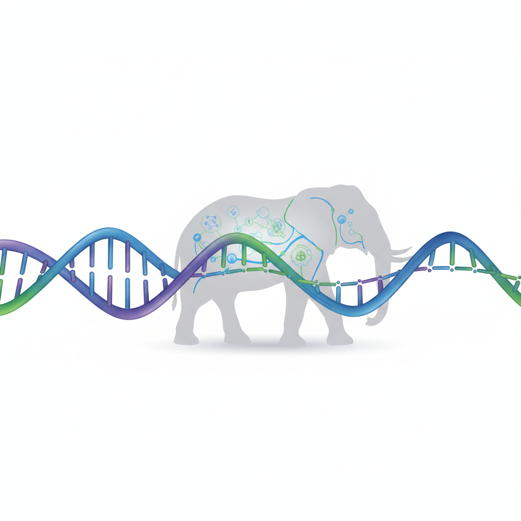 scientific illustration of DNA strand merging with elephant silhouette, biology concept, white background