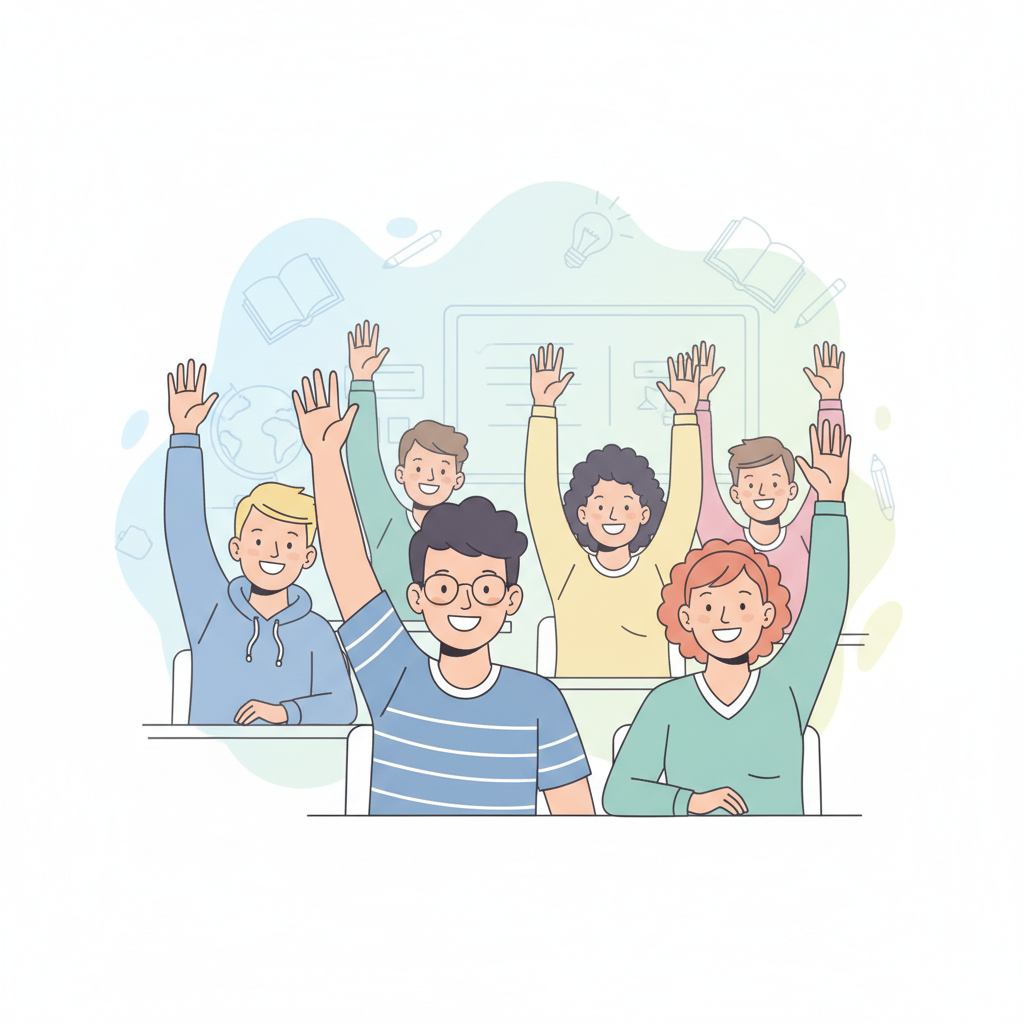 illustration of students raising hands in a classroom, low opacity background style