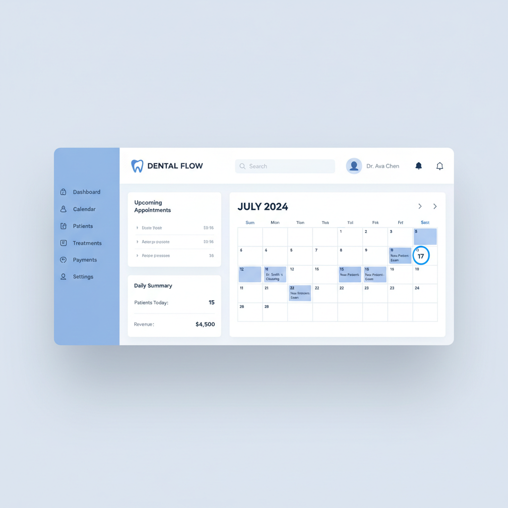 modern UI UX wireframe design for a dental clinic dashboard, scheduler calendar view, light blue and white theme, clean interface, high fidelity mockup, screen details