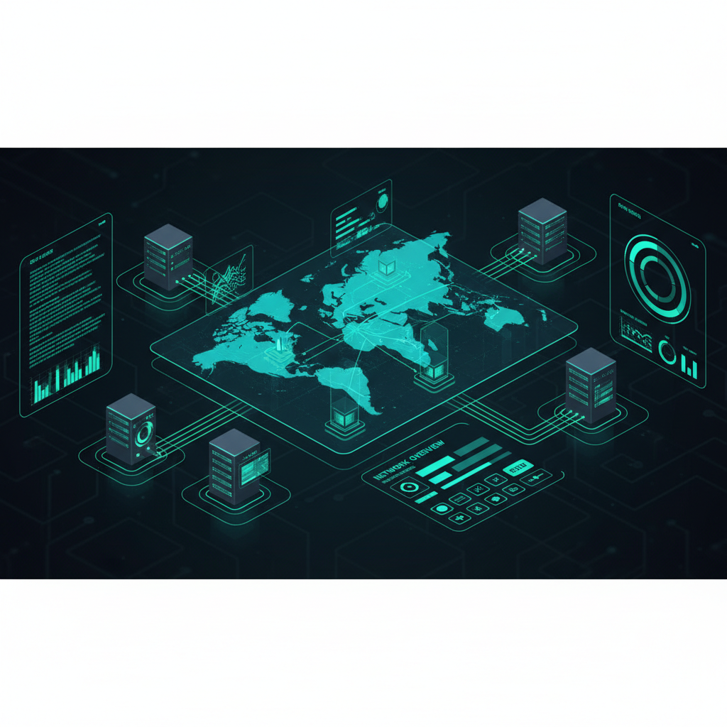 futuristic isometric dashboard interface displaying digital map connecting to set-top boxes, dark UI, green accents, high tech data visualization