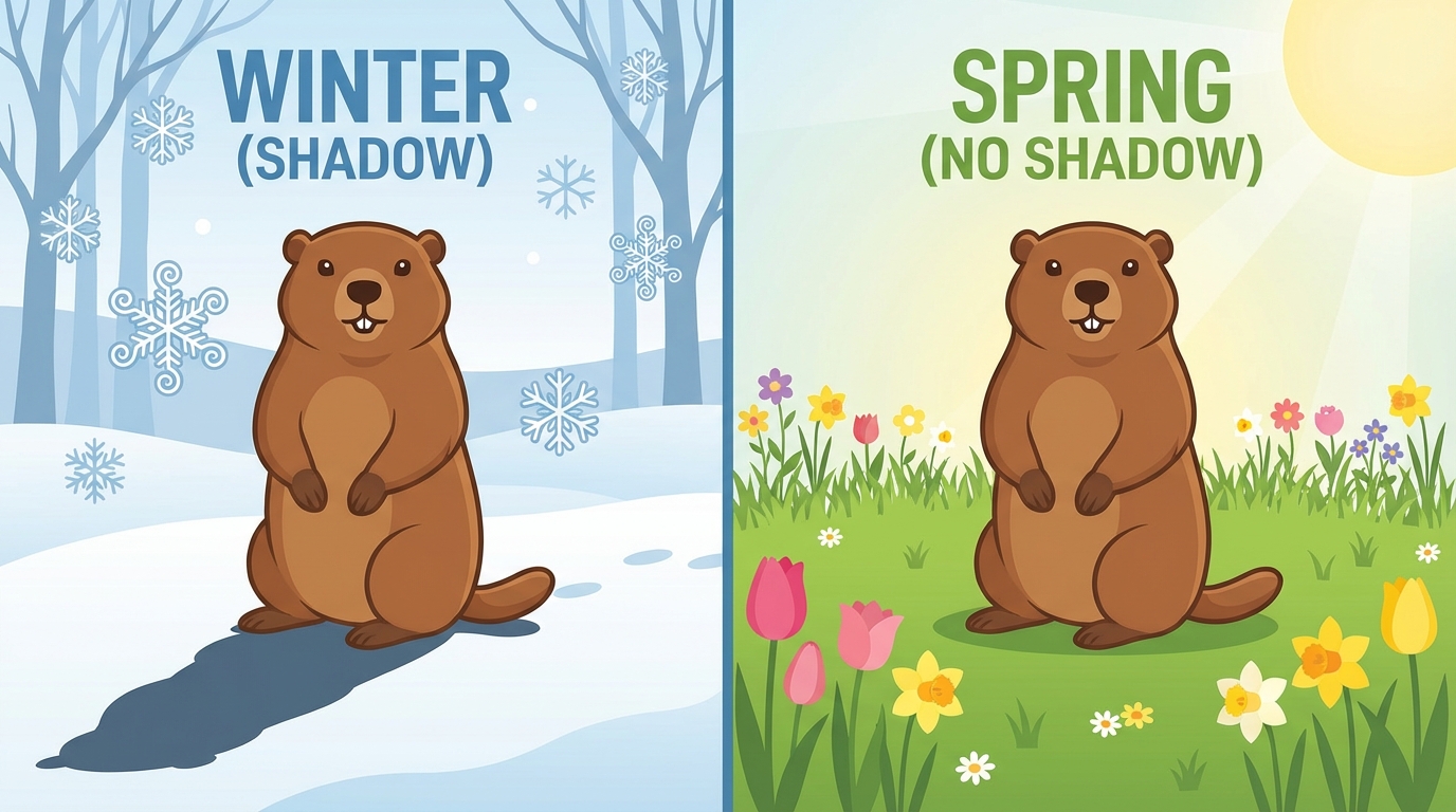 Clip art style split image. Left side: groundhog with shadow and snowflakes. Right side: groundhog with no shadow and flowers.