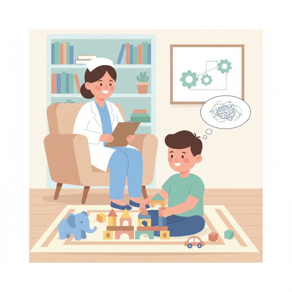 flat vector illustration of a child playing with toys with a nurse observing, soft colors, psychology context