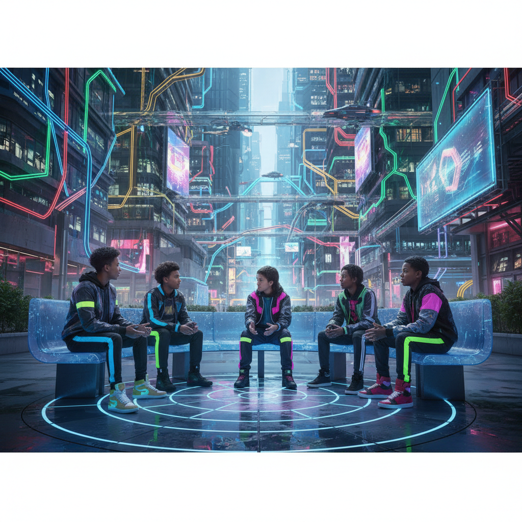 group of teenagers sitting in a futuristic park, talking face to face without phones, neon lights in background, cyberpunk style